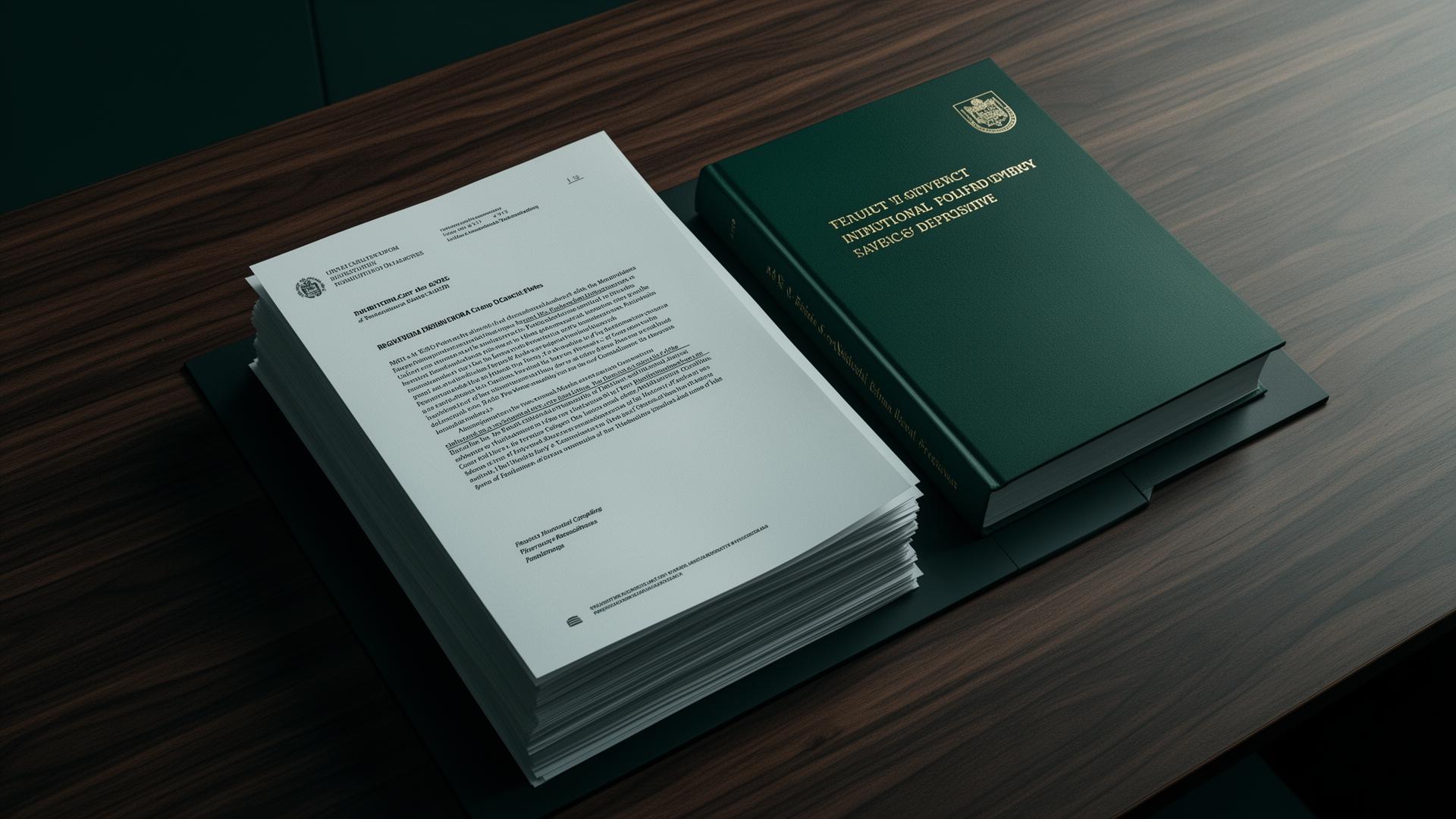 Stack of formal regulatory documents on a desk