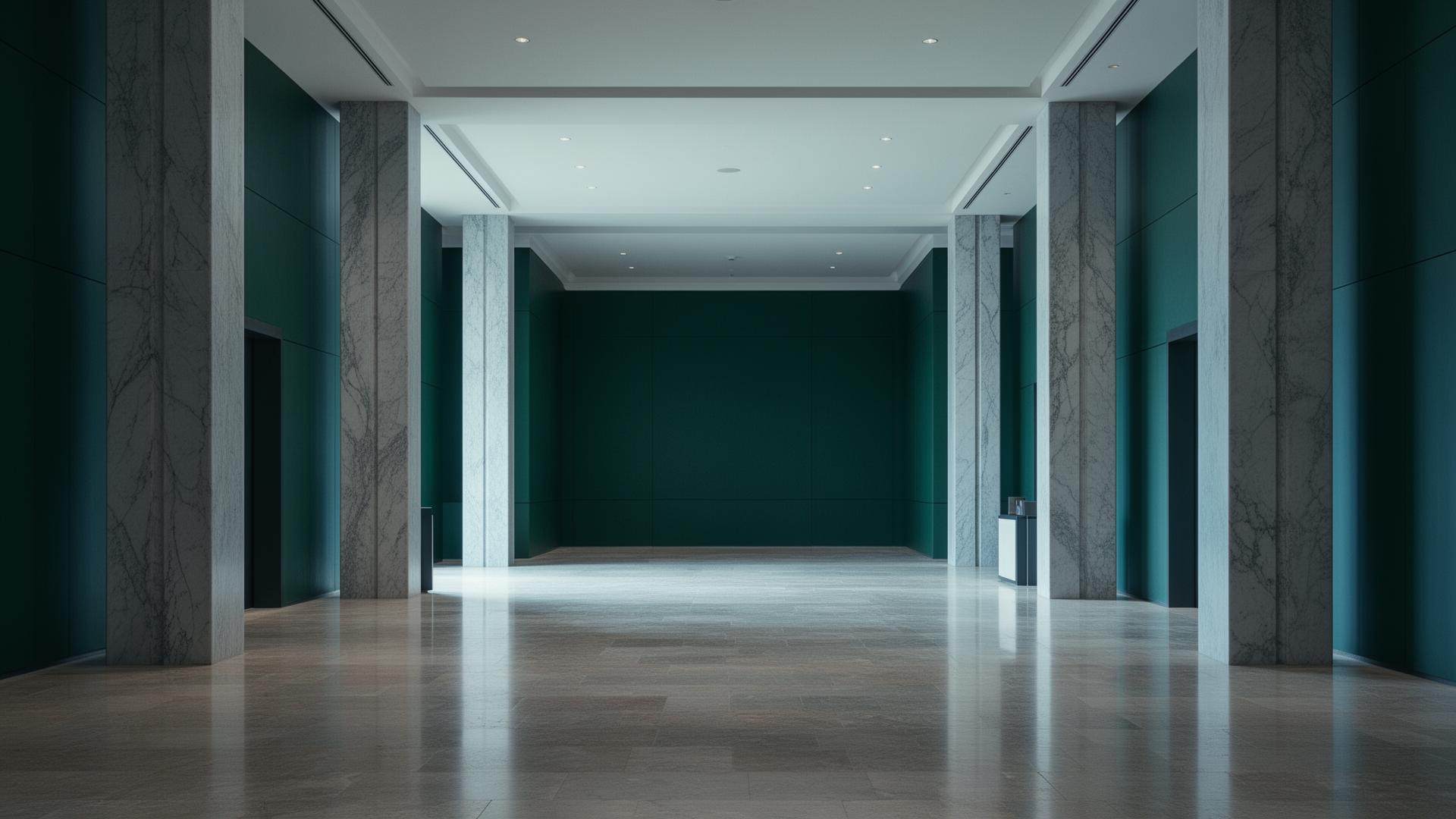 Architectural interior of an institutional banking lobby