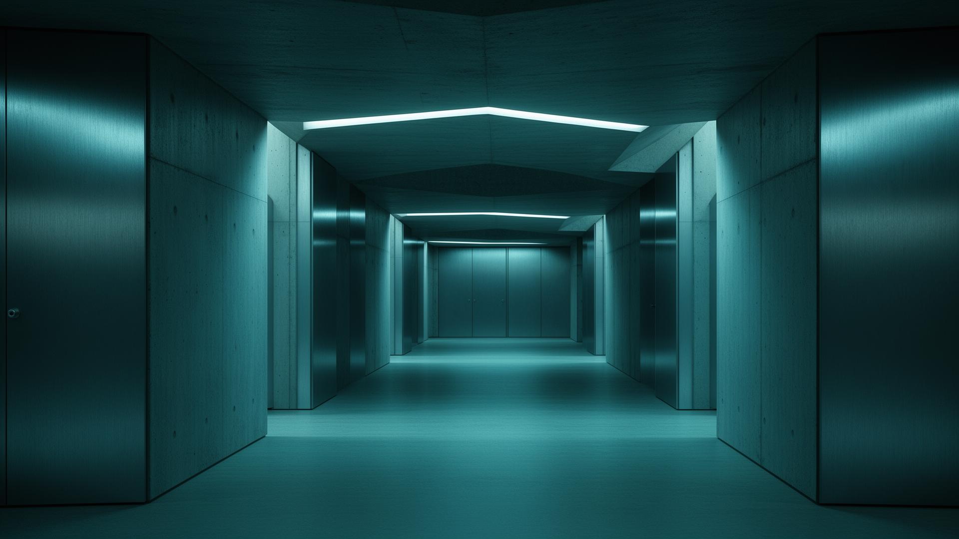 Architectural concrete corridor with cool teal lighting